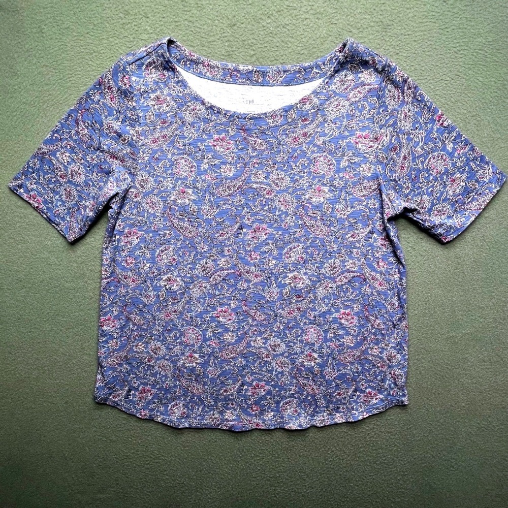 J Jill Women Tee 100% Pima Cotton Blue Paisley Medium Petite Elbow Sleeve B1811